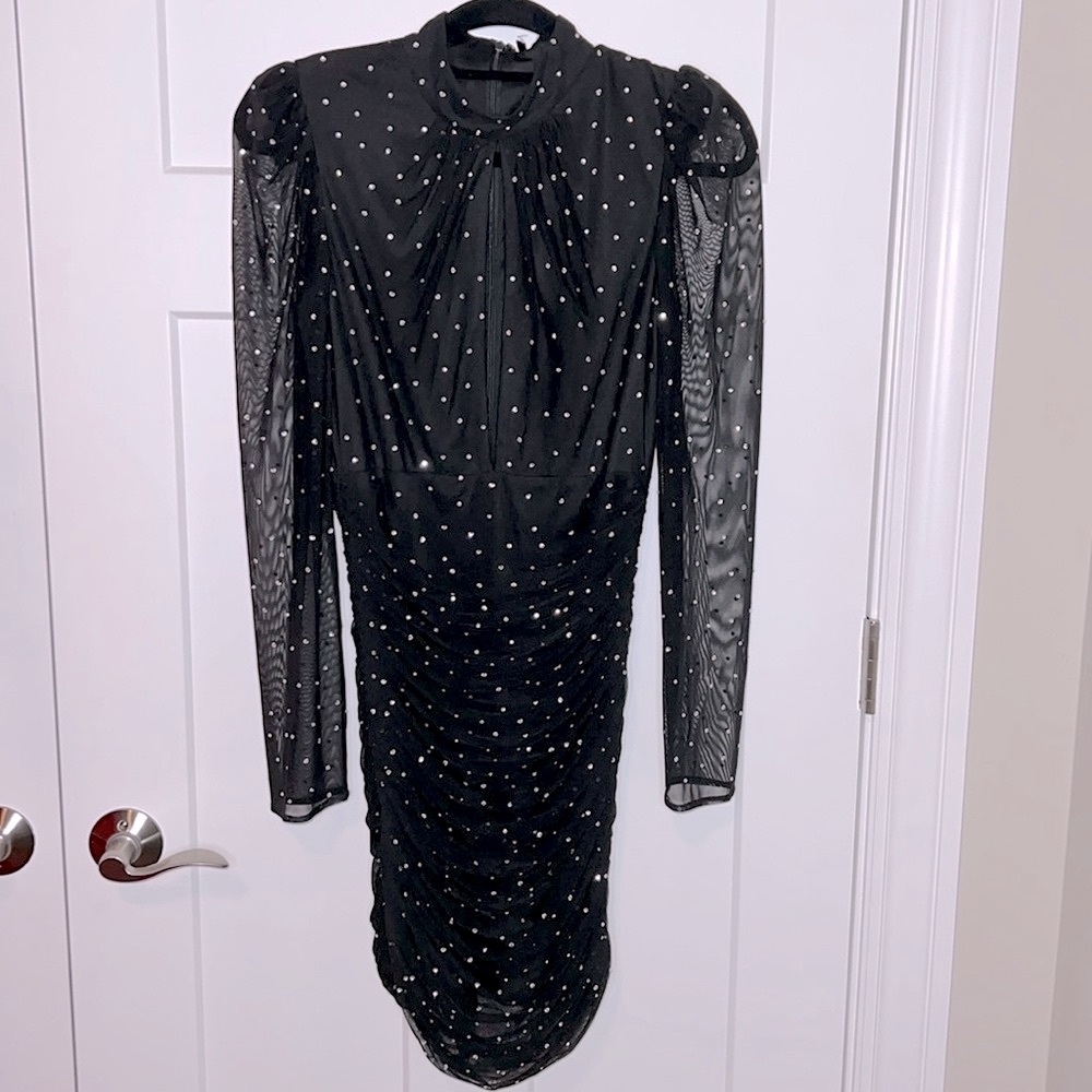 NWT 2025 Sample Mac Duggal 2141 - Long Sleeve High Neck Ruched Knee Length Dress